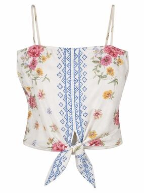 Rachel Zoe Linen Blend Boho Floral Tie-Front Cami Top -small